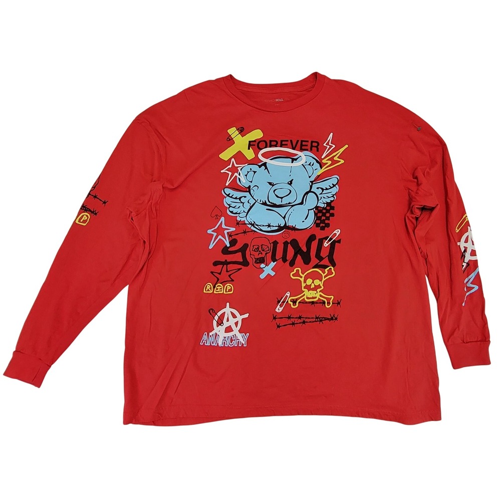 Fashion Nova Men Red Long Sleeve Graphic T Shirt Teddy Bear Anarchy Skull‎ 2XL